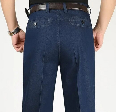 Jesenné pánske tenké džínsy s dvojitým skladaním z roku 2023, stredného veku, obchodný štýl, voľný čas, stredný vek a seniorov, elastické nohavice s rovnými nohavicami