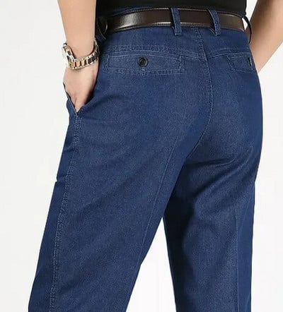 Jesenné pánske tenké džínsy s dvojitým skladaním z roku 2023, stredného veku, obchodný štýl, voľný čas, stredný vek a seniorov, elastické nohavice s rovnými nohavicami