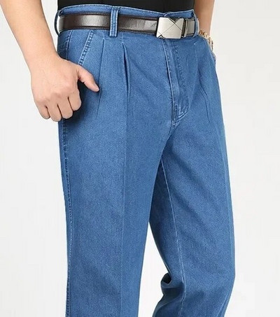 Jesenné pánske tenké džínsy s dvojitým skladaním z roku 2023, stredného veku, obchodný štýl, voľný čas, stredný vek a seniorov, elastické nohavice s rovnými nohavicami