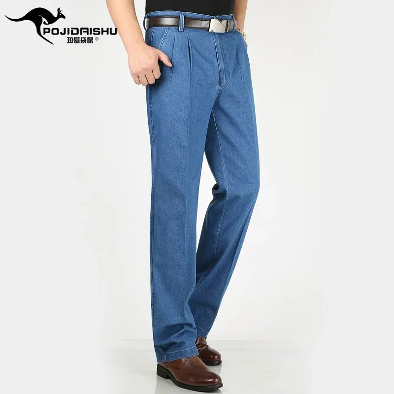 Jesenné pánske tenké džínsy s dvojitým skladaním z roku 2023, stredného veku, obchodný štýl, voľný čas, stredný vek a seniorov, elastické nohavice s rovnými nohavicami