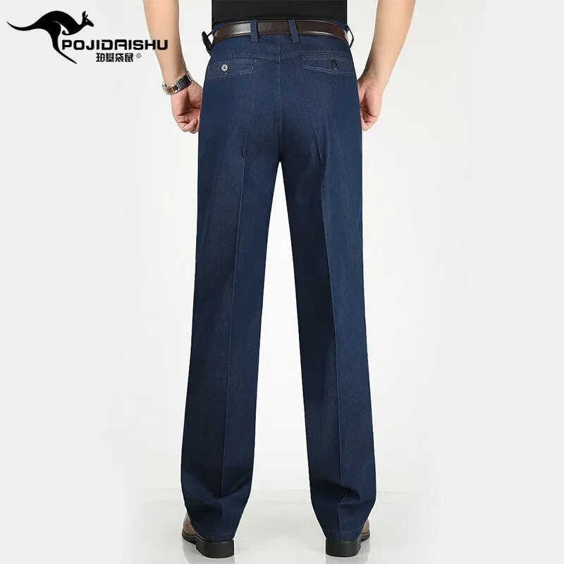 Jesenné pánske tenké džínsy s dvojitým skladaním z roku 2023, stredného veku, obchodný štýl, voľný čas, stredný vek a seniorov, elastické nohavice s rovnými nohavicami