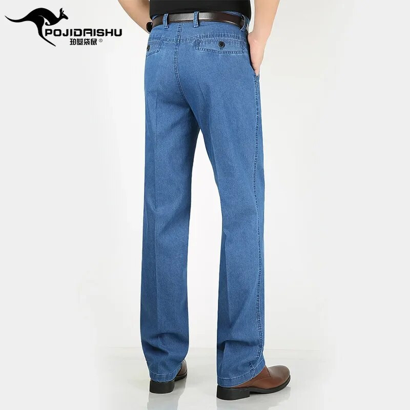 Jesenné pánske tenké džínsy s dvojitým skladaním z roku 2023, stredného veku, obchodný štýl, voľný čas, stredný vek a seniorov, elastické nohavice s rovnými nohavicami