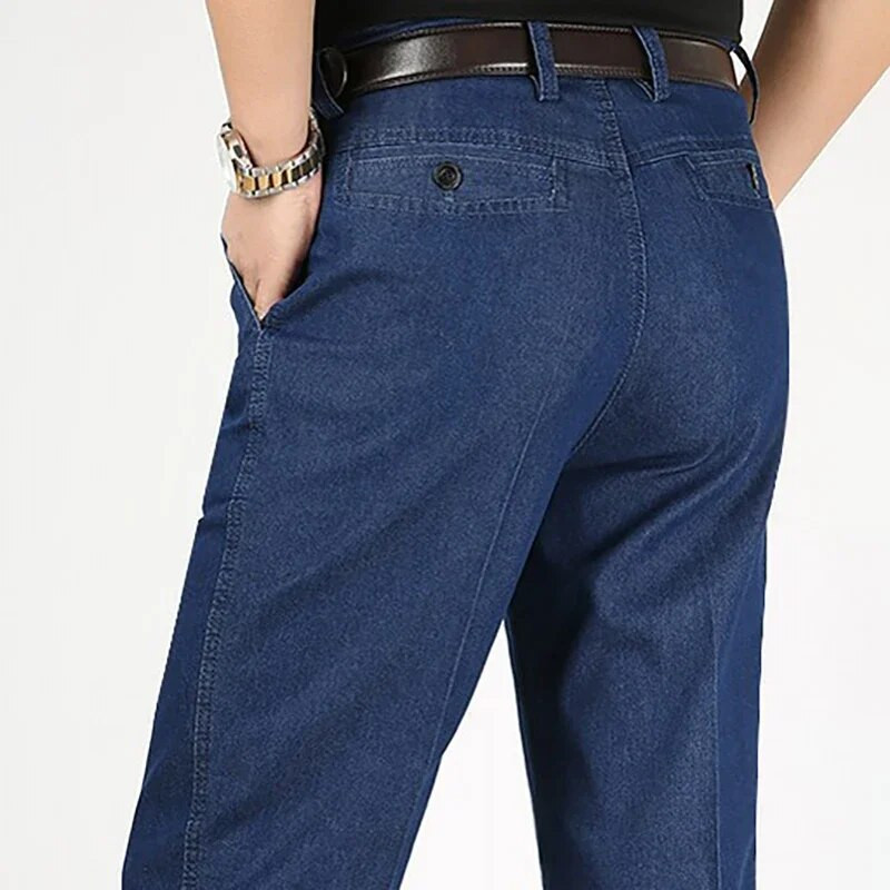 Jesenné pánske tenké džínsy s dvojitým skladaním z roku 2023, stredného veku, obchodný štýl, voľný čas, stredný vek a seniorov, elastické nohavice s rovnými nohavicami