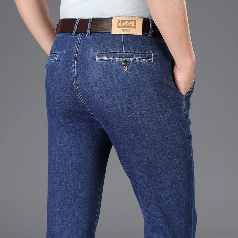 Pantaloni de costum de blugi cu talie înaltă pentru bărbați de afaceri, la modă la modă, elastici, largi, drepți, subțiri, pantaloni de marcă de vârstă mijlocie