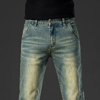 Ретро мъжки еластични прави дънки, изпрани модни изтъркани широки дънкови панталони, мъжки класически маркови панталони с пълна дължина