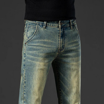 Ретро мъжки еластични прави дънки, изпрани модни изтъркани широки дънкови панталони, мъжки класически маркови панталони с пълна дължина