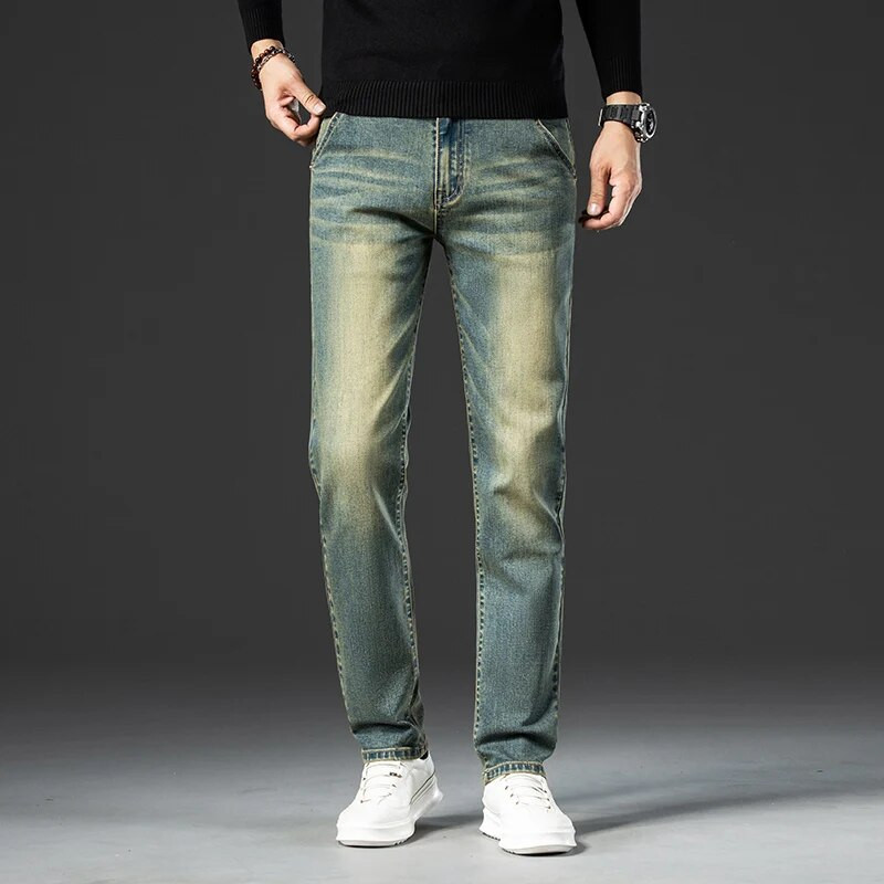 Pánske retro strečové rovné džínsy, umyté módne zúfalé vrecovité džínsové nohavice, pánske klasické značkové nohavice