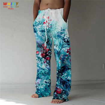 Мъжки рисувани цветя Ежедневни арт панталони Широки джобове на панталони с рисуване Връзка Еластичен панталон на талията Йога Комфорт