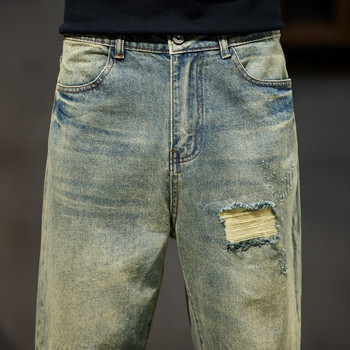 Ανδρικά σκισμένα τζιν Χαλαρά ρετρό μπλε φαρδιά τζιν ταλαιπωρημένα τζιν παντελόνια χιπ χοπ Streetwear Biker & Moto Patchwork Frayed Jeans