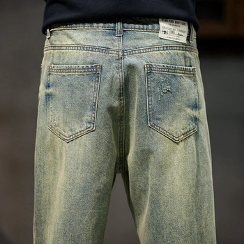 Скъсани дънки Мъжки свободни кройки Ретро сини широки дънки Разкъсани хип-хоп дънкови панталони Streetwear Biker & Moto Patchwork Протрити дънки