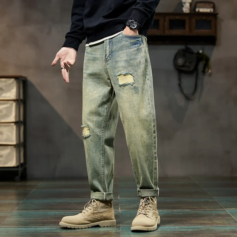 Rebenenud teksad Meeste lahtised retrosinised kottis teksad Hädas hiphopi teksapüksid Tänavarõivad Biker & Moto Patchwork kulunud teksad