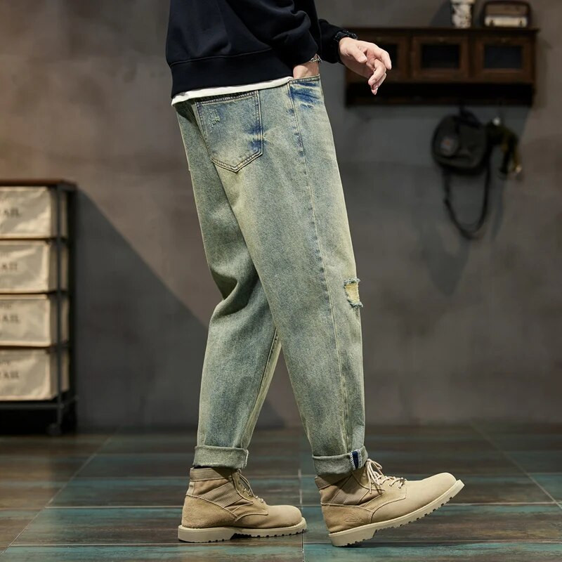 Rebenenud teksad Meeste lahtised retrosinised kottis teksad Hädas hiphopi teksapüksid Tänavarõivad Biker & Moto Patchwork kulunud teksad