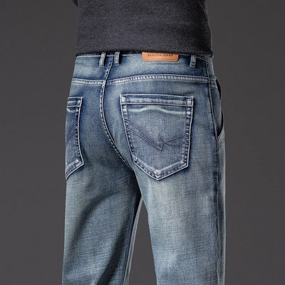 Pánske vintage modré rovné džínsy s protišmykovým zipsom, jesenné, odolné proti opotrebeniu, elastické, cargo džínsové nohavice