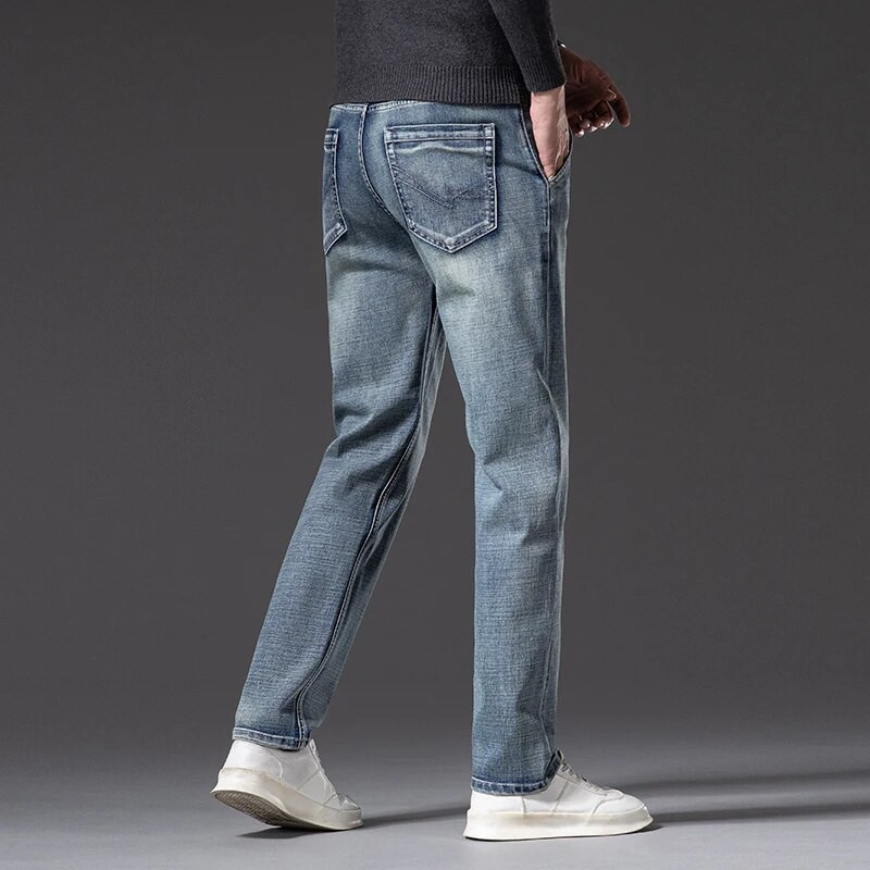 Pánske vintage modré rovné džínsy s protišmykovým zipsom, jesenné, odolné proti opotrebeniu, elastické, cargo džínsové nohavice