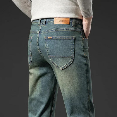 Ранна есен Маркови еластични мъжки дънки Ретро тънки дънкови панталони Модни ежедневни прави сини мъжки еластични панталони
