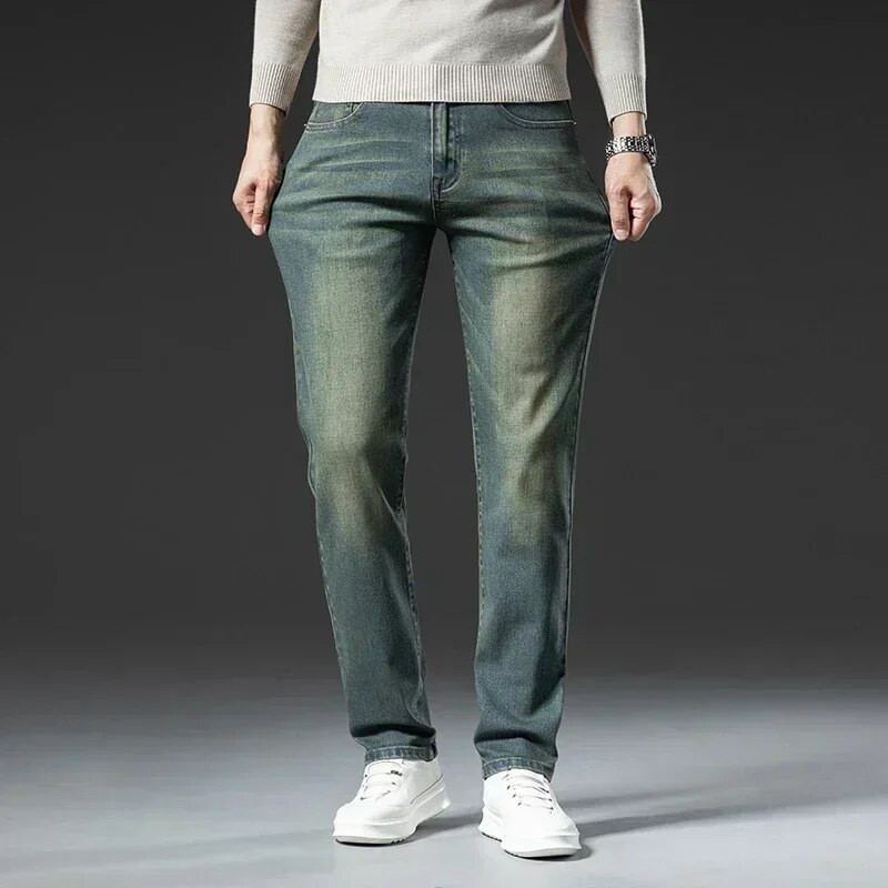 Pánske džínsy s retro strihom, strečové, slim džínsy, módne ležérne rovné modré elastické nohavice