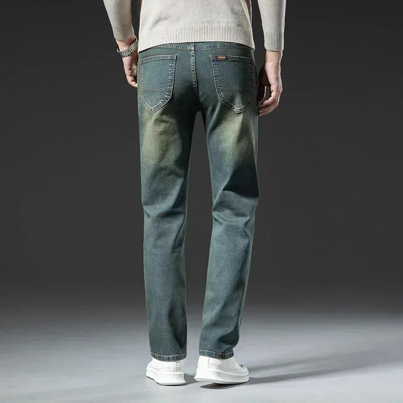 Pánske džínsy s retro strihom, strečové, slim džínsy, módne ležérne rovné modré elastické nohavice