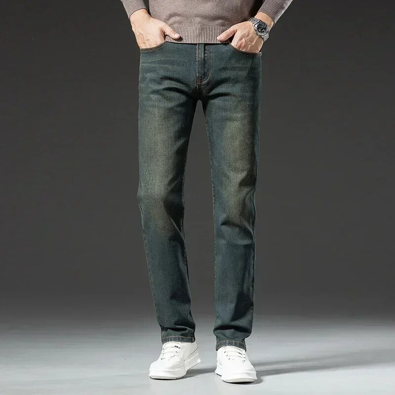 Pánske džínsy s retro strihom, strečové, slim džínsy, módne ležérne rovné modré elastické nohavice