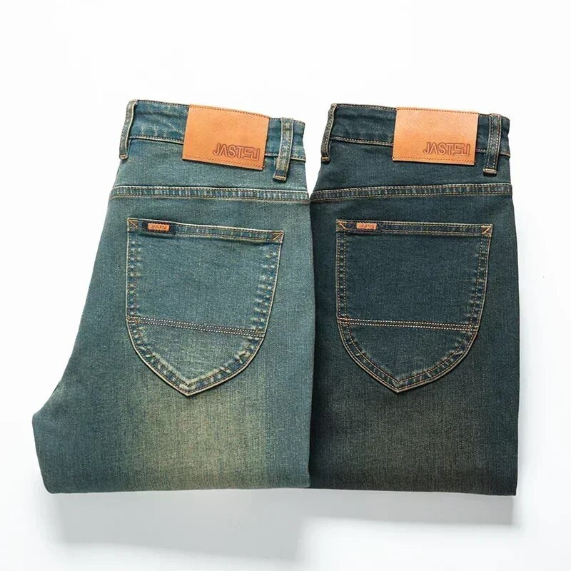 Pánske džínsy s retro strihom, strečové, slim džínsy, módne ležérne rovné modré elastické nohavice