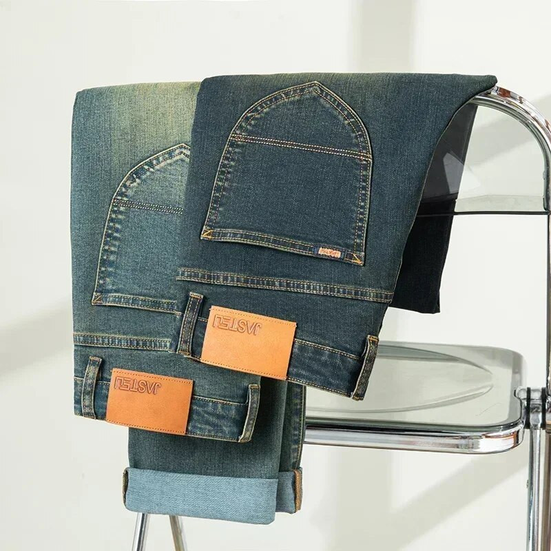 Pánske džínsy s retro strihom, strečové, slim džínsy, módne ležérne rovné modré elastické nohavice