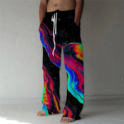 Pánske nohavice, letné nohavice, plážové nohavice so sťahovacou šnúrkou, elastický pás, rovné nohavice, abstraktné grafické potlače