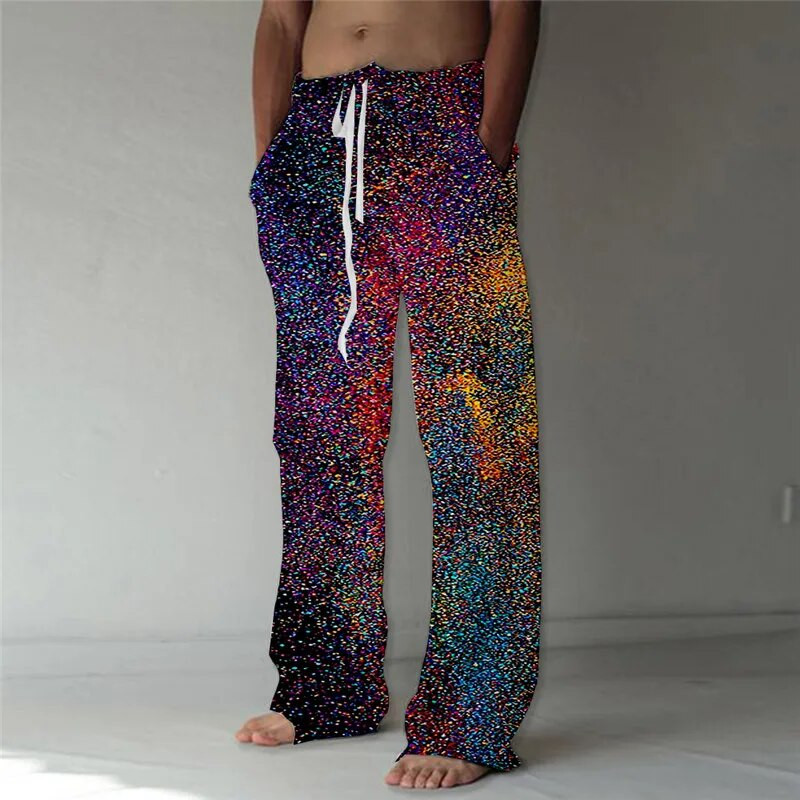 Pánske nohavice, letné nohavice, plážové nohavice so sťahovacou šnúrkou, elastický pás, rovné nohavice, abstraktné grafické potlače