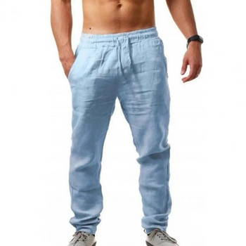 2022 Ленени мъжки панталони Странични джобове Панталони с шнур Еластична талия Панталони за джогинг Дишащи спортни панталони Летни мъжки ежедневни панталони