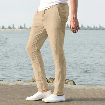 Мъжки ежедневни ленени дишащи широки дълги панталони Едноцветни прави панталони