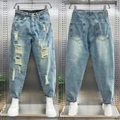 Foufurieux Blugi noi rupți Haine pentru bărbați Blugi elastici cu talie înaltă Pantaloni de denim pentru bărbați Pantaloni vintage oversize Harajuku