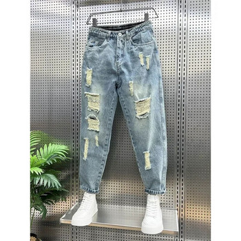 Foufurieux Нови скъсани дънки Мъжки дрехи Свободни еластични дънки с висока талия Мъжки дънкови панталони Oversize Vintage Jean Панталони Harajuku