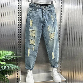 Foufurieux Нови скъсани дънки Мъжки дрехи Свободни еластични дънки с висока талия Мъжки дънкови панталони Oversize Vintage Jean Панталони Harajuku