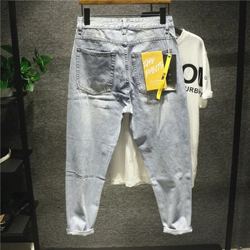 Мъжки свободни широки дънкови панталони с девет точки с големи дупки, широки дънки за мъже Y2k Streetwear