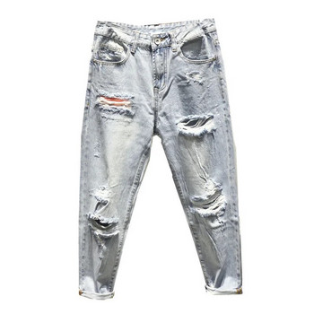 Мъжки свободни широки дънкови панталони с девет точки с големи дупки, широки дънки за мъже Y2k Streetwear