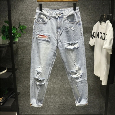 Muške široke ravne traper hlače s velikim rupama u devet točaka široke traperice za muškarce Y2k Streetwear