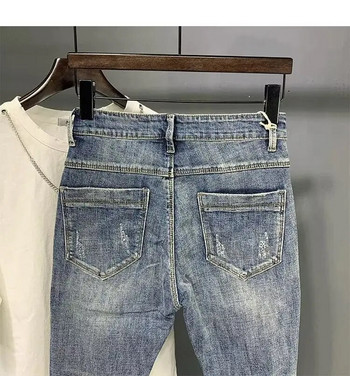 Καλοκαιρινό Ανδρικό σκισμένο Nine Point Jeans Μόδα Ελαστική Μέση Λεπτή Εφαρμογή Κολάν Τζιν παντελόνι