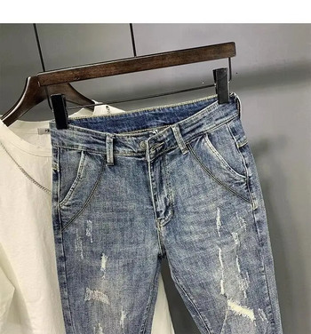 Καλοκαιρινό Ανδρικό σκισμένο Nine Point Jeans Μόδα Ελαστική Μέση Λεπτή Εφαρμογή Κολάν Τζιν παντελόνι