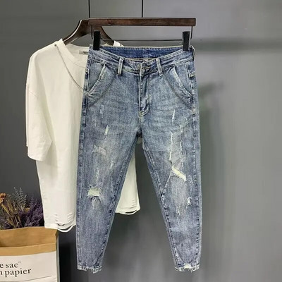 Blugi rupti în nouă puncte pentru bărbați de vară, cu talie elastică, pantaloni subțiri, pantaloni din denim