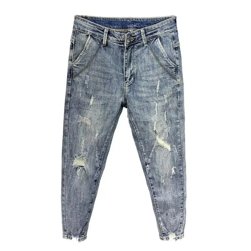 Vasariniai vyriški suplyšę devynių taškų džinsai Madingi elastingu juosmeniu, ploni, prigludę antblauzdžiai džinsinės kelnės