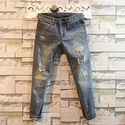 Ανδρικά κορεατικά μόδας τρύπες τζιν παντελόνι 9 σημείων Small Foot Slim Fit Man Cargo Παντελόνι Streetwear Τζιν παντελόνι