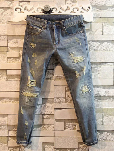 Pantaloni de blugi în 9 puncte pentru bărbați, la modă coreeană, pantaloni slim fit, pantaloni cargo, pantaloni din denim