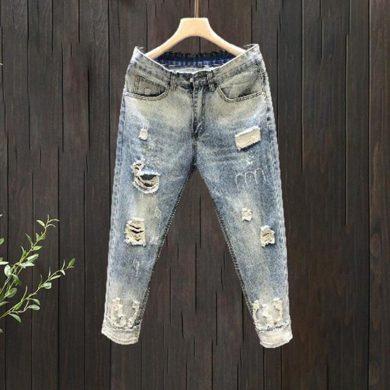 Pohodlné jednoduché pánske roztrhané úzke džínsy, super elastické roztrhané džínsy, skrátené letné oblečenie