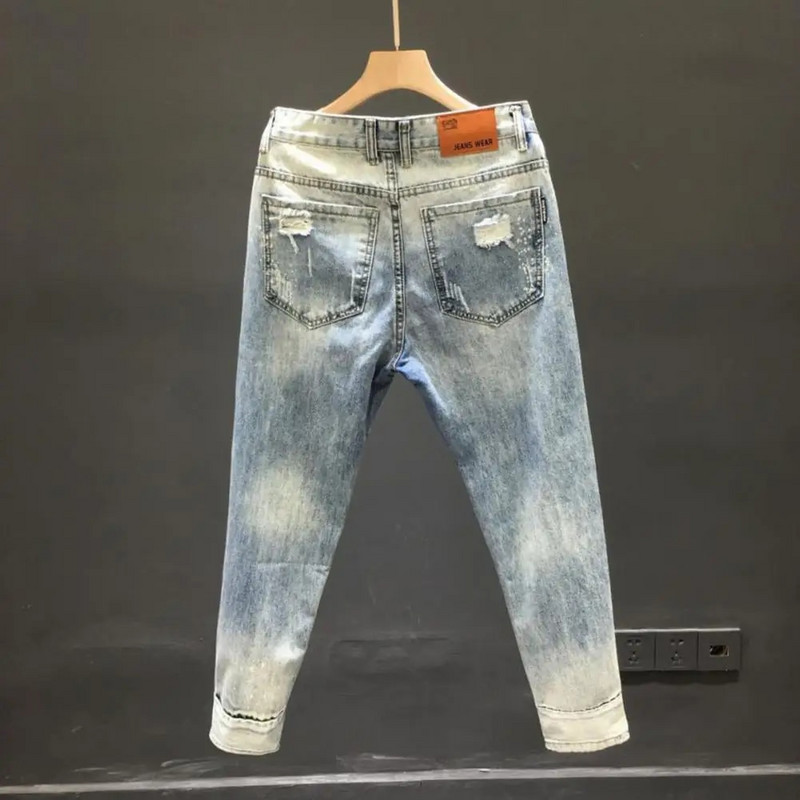 Pohodlné jednoduché pánske roztrhané úzke džínsy, super elastické roztrhané džínsy, skrátené letné oblečenie