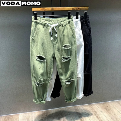 Badu.bg 2023 Streetwear Модни черни скъсани тесни дънки Мъжки тънки хип ...