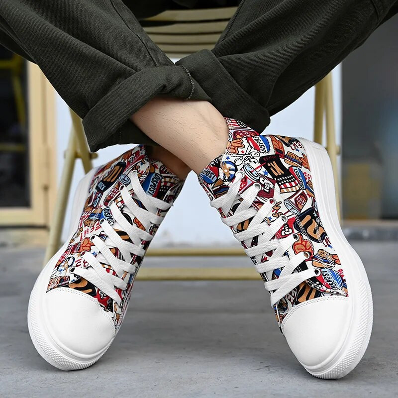 Štýlové pánske vulkanizované topánky s potlačou graffiti, vysoké pánske robustné tenisky, párové hip hopové plátené tenisky, pánske topánky