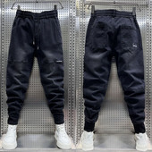 Pánske džínsy so sťahovacou šnúrkou v štýle Y2K, čierno-sivé, vrecovité, s výšivkou, luxusné pánske oblečenie, kovbojské nohavice