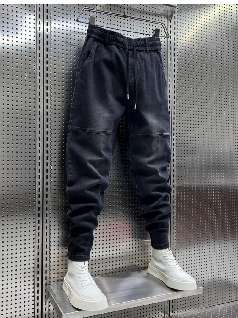 Pánske džínsy so sťahovacou šnúrkou v štýle Y2K, čierno-sivé, vrecovité, s výšivkou, luxusné pánske oblečenie, kovbojské nohavice