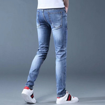 Μόδα πολυτελή κορεατικά κεντημένα ανδρικά τζιν Φθινοπωρινά λεπτή εφαρμογή Hip Hop Casual τζιν παντελόνι με σκισμένες τρύπες Μοντέρνο βαμβακερό παντελόνι