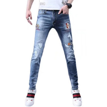 Модни луксозни корейски бродирани мъжки дънки Есенни тесни хип-хоп ежедневни дънкови панталони Скъсани дупки Модни памучни панталони