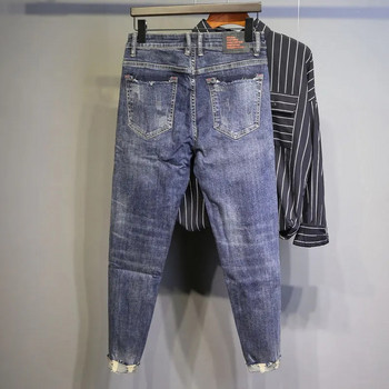 Модни луксозни дизайнерски мъжки дънки с пръски мастило, скъсани дупки, синьо гадже, изтощени тесни хип-хоп памучни панталони, панталони, мъжки