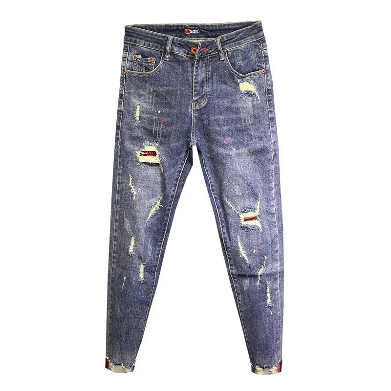 Modne, luksuzne dizajnerske muške traperice s mrljama tinte s poderanim rupama, plave, dečkaste, mršave, uske hip-hop pamučne hlače, hlače, muške hlače